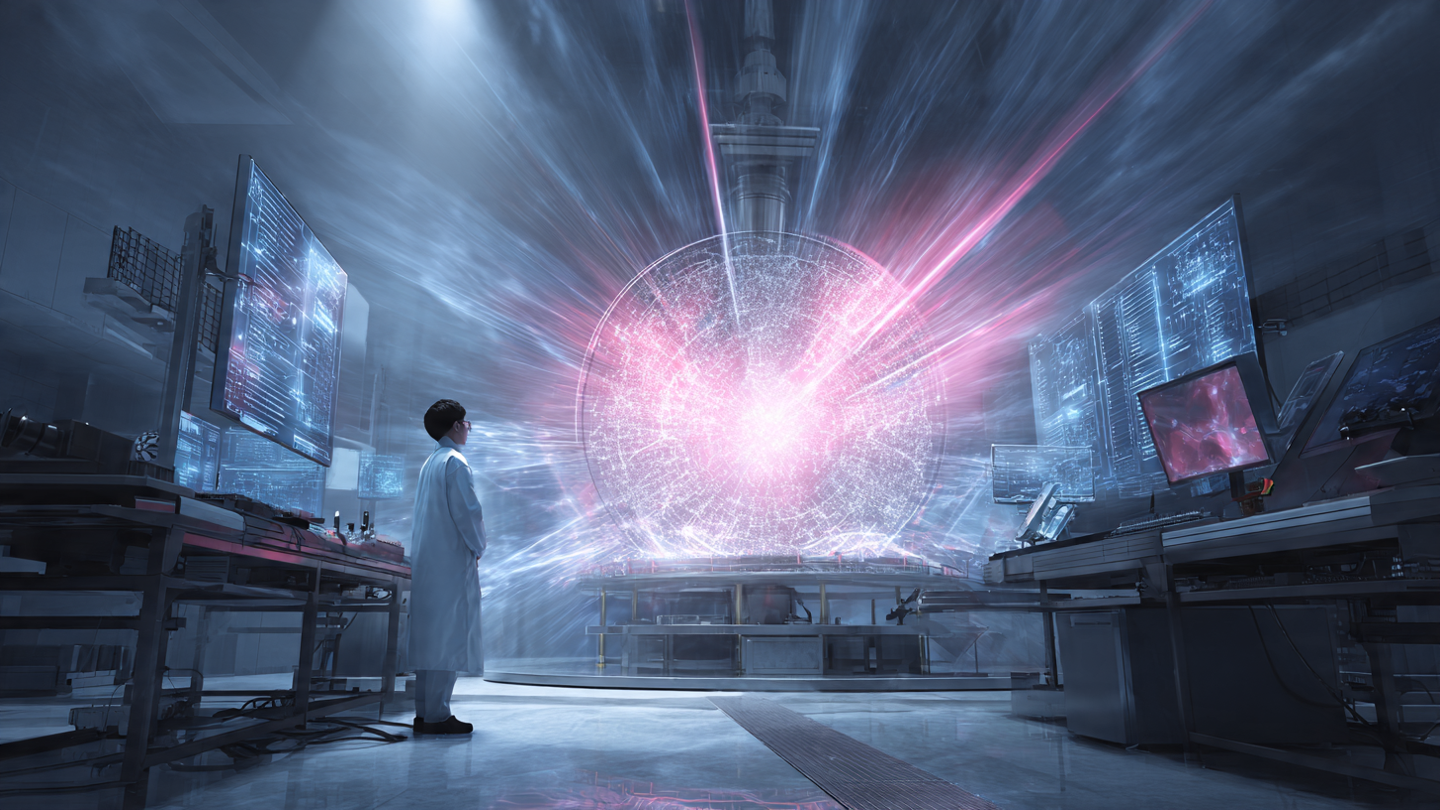 Professional view of China's quantum computer Jiuzhang in futuristic lab with photonic qubits and scientist analyzing data