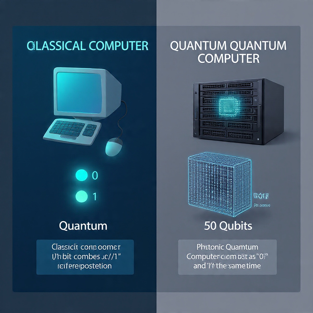 Unique infographic comparing classical computer bits 0 and 1 vs quantum computer qubits in superposition for Jiuzhang quantum computer with 50 photonic qubits