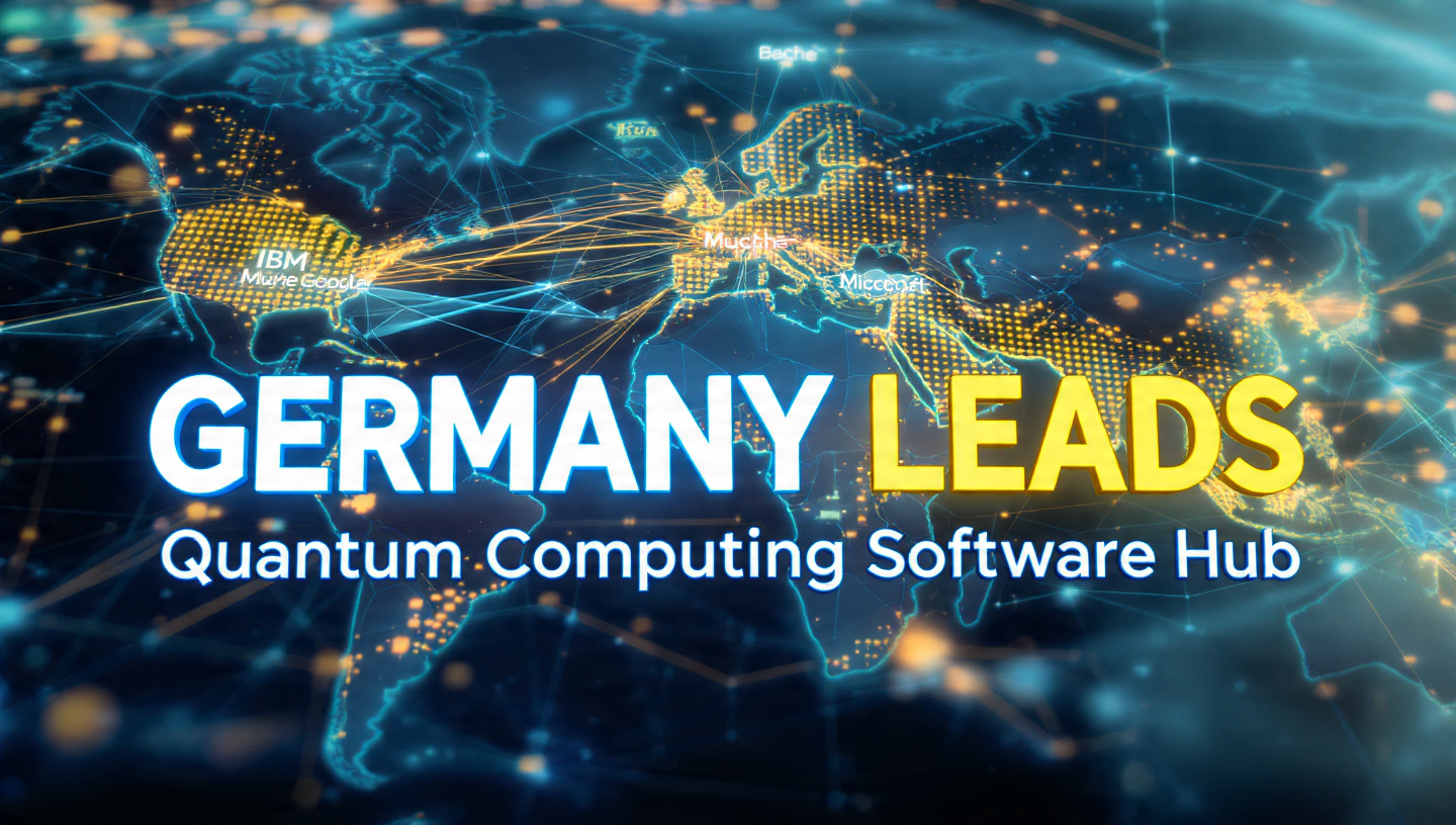 World map showing Germany Munich as quantum computing software hub connected to IBM Google Microsoft