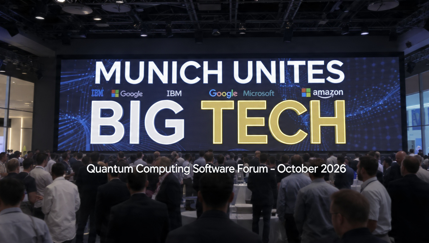 Munich Quantum Software Forum conference with IBM Google Microsoft Amazon logos and US English text Big Tech