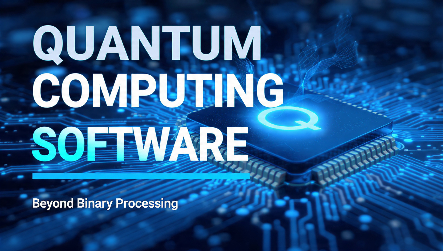 Quantum computing software chip with glowing blue qubits and US English text Beyond Binary Processing