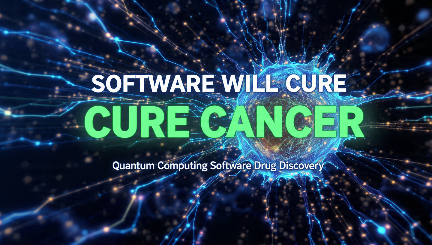 Quantum computing software analyzing 3D cancer cell with US English text Software Will Cure Cancer