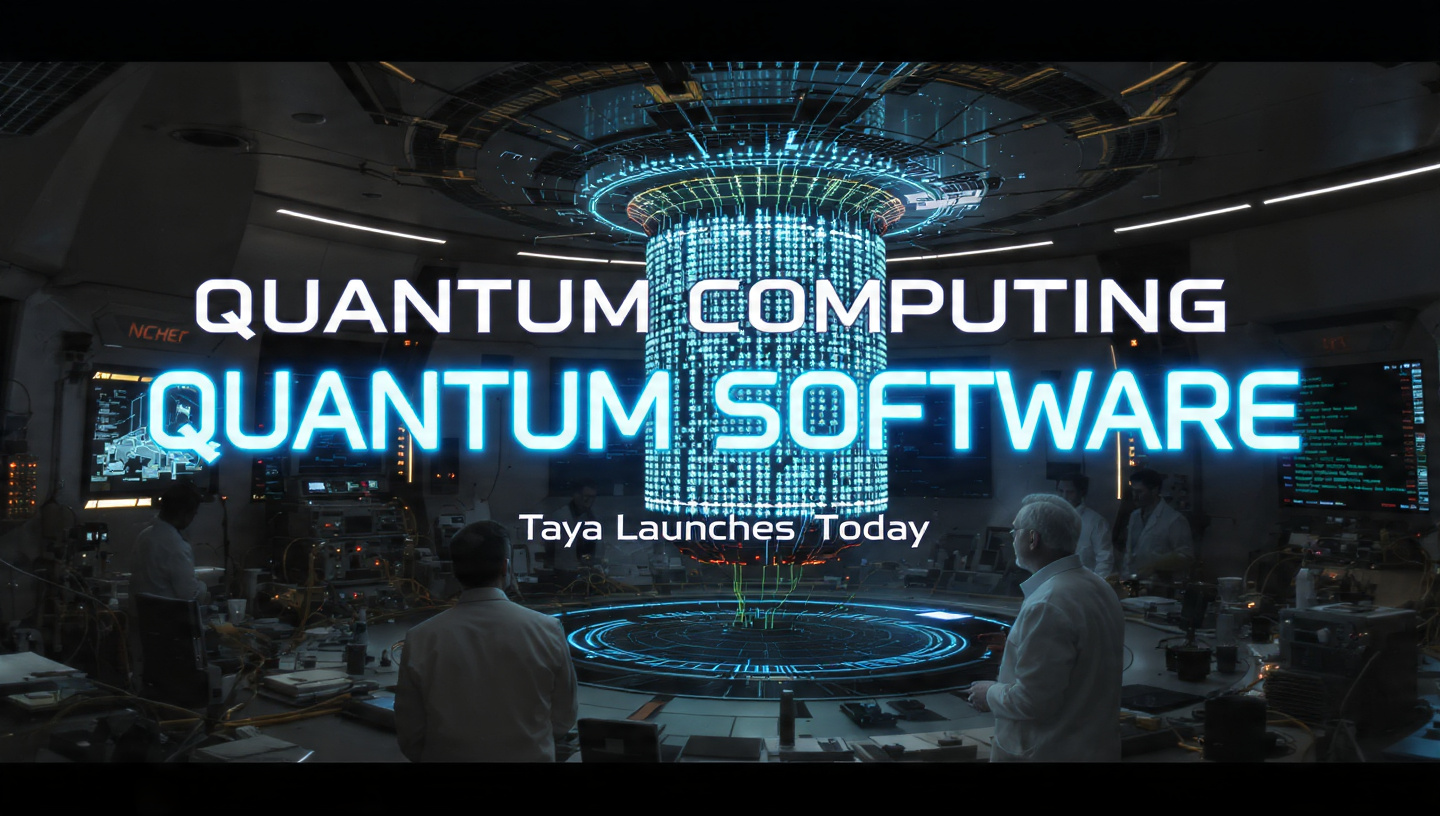 Quantum computing software Taya launch in Munich lab with glowing qubits and US English text overlay