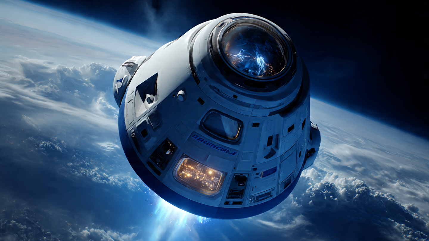 Boeing space capsule CST-100 Starliner reentering Earth's atmosphere with plasma glow, viewed from International Space Station with astronaut helmet reflection