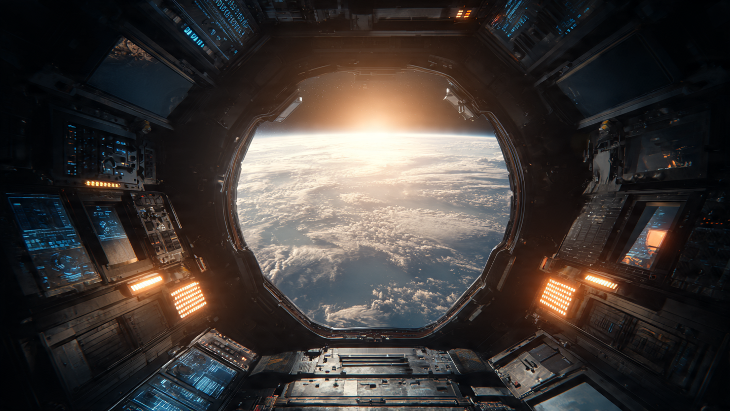 Unique view from inside Boeing space capsule CST-100 Starliner showing Earth through window with ISS docking port approaching