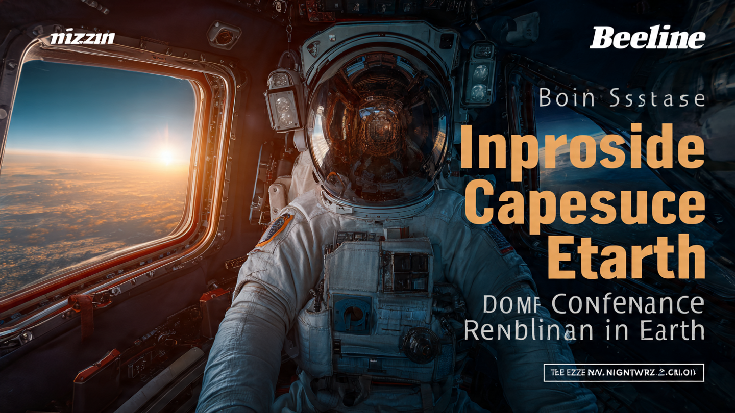Inside Boeing space capsule CST-100 Starliner with US English text overlay: Inside Boeing's Space Capsule Confident for Return to Earth, showing astronaut view of Earth