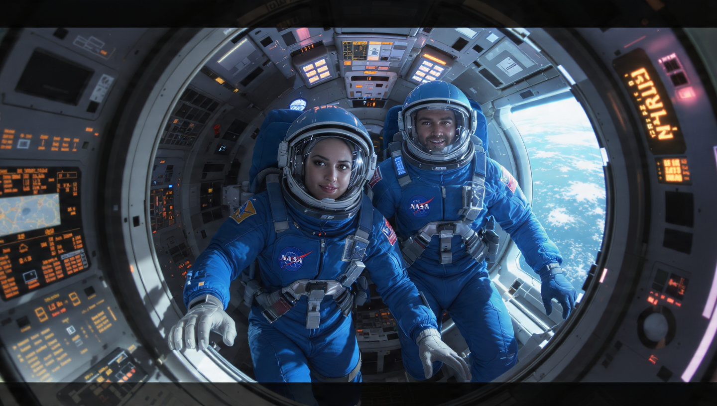 Male and female astronauts in NASA flight suits floating inside Boeing space capsule CST-100 Starliner with Earth visible through window