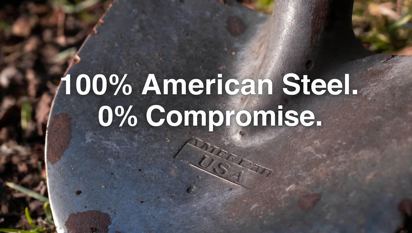 Close-up macro of Made in USA stamp on forged American steel shovel blade with dirt showing real use and US English text overlay