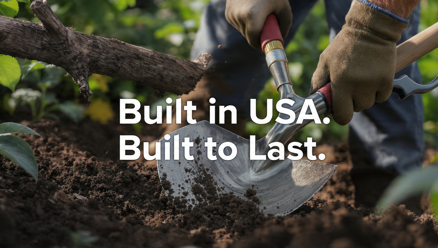 Landscaper using professional USA Gardening Tools with forged shovel and stainless pruners in garden soil with US English text