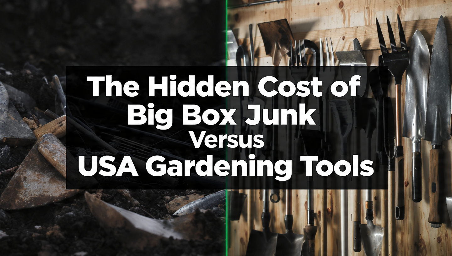 Broken big box store garden tools in landfill versus professional USA Gardening Tools hanging on garage wall with US English text overlay