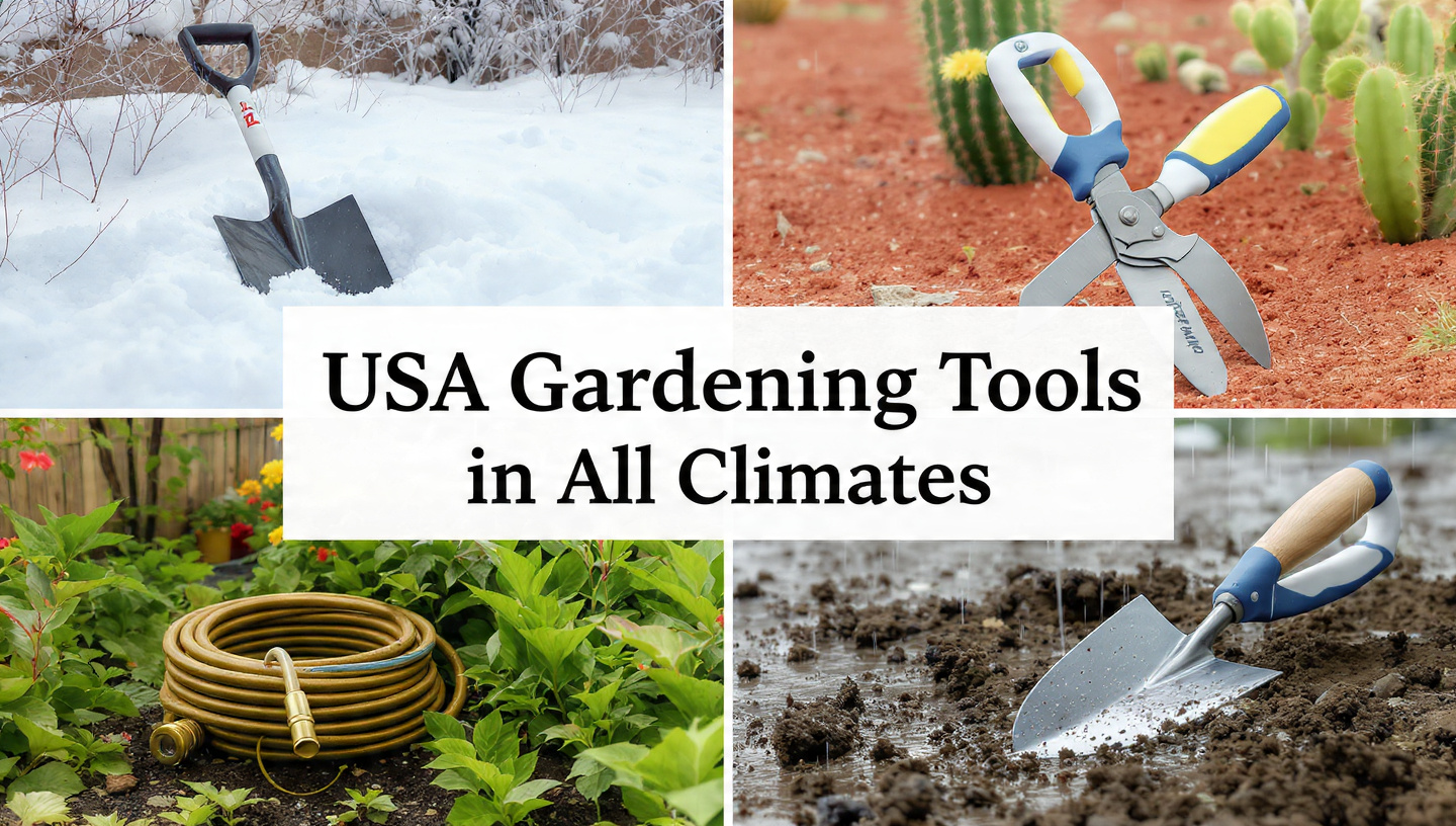 Four panel collage of professional USA Gardening Tools used in snow, desert, humid, and rainy climates with US English text