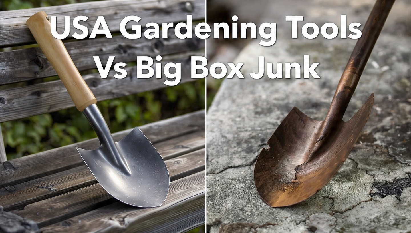 Split comparison of professional USA Gardening Tools forged shovel versus bent big box store import shovel with US English text