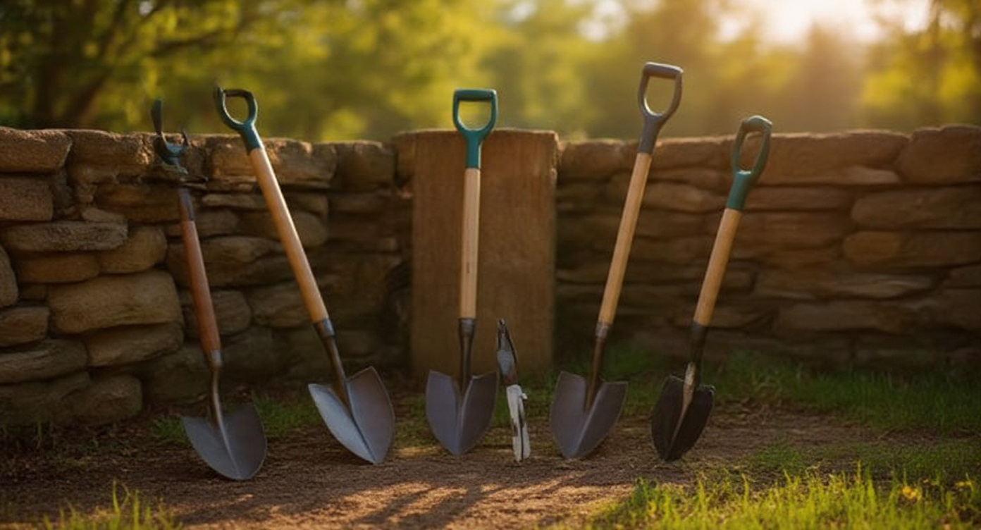 Organic display of professional USA Brands gardening tools including forged shovels and pruners on stone wall with morning sunlight
