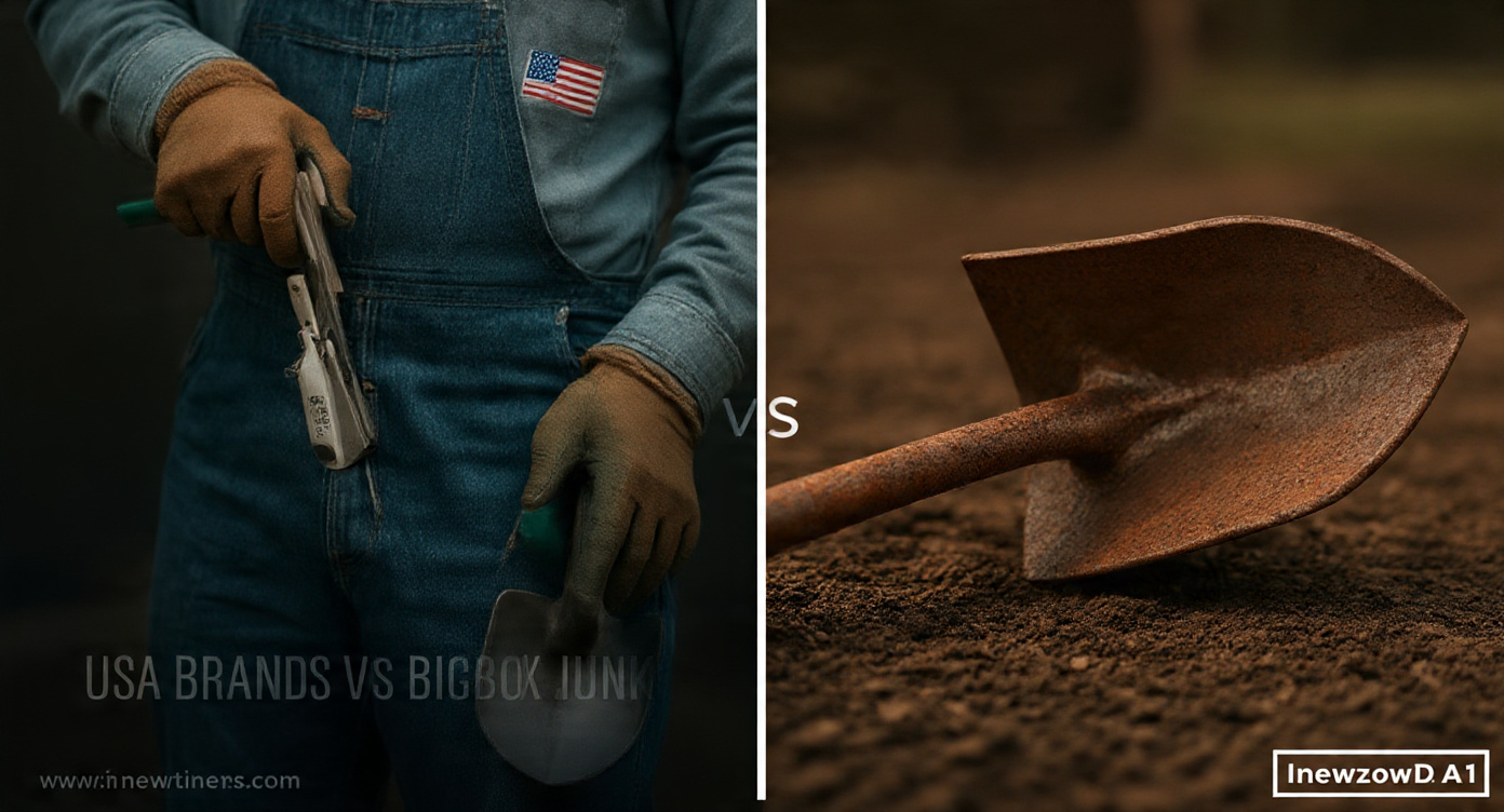HD split screen showing professional landscaper with USA Brands gardening tools vs rusted big box store shovel
