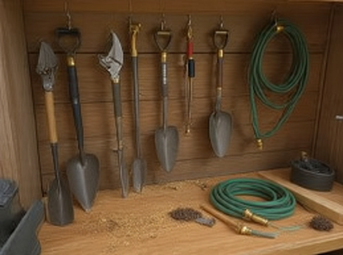 Organic workshop display of professional USA Brands gardening tools including forged shovels, pruners, and brass hose on cedar workbench